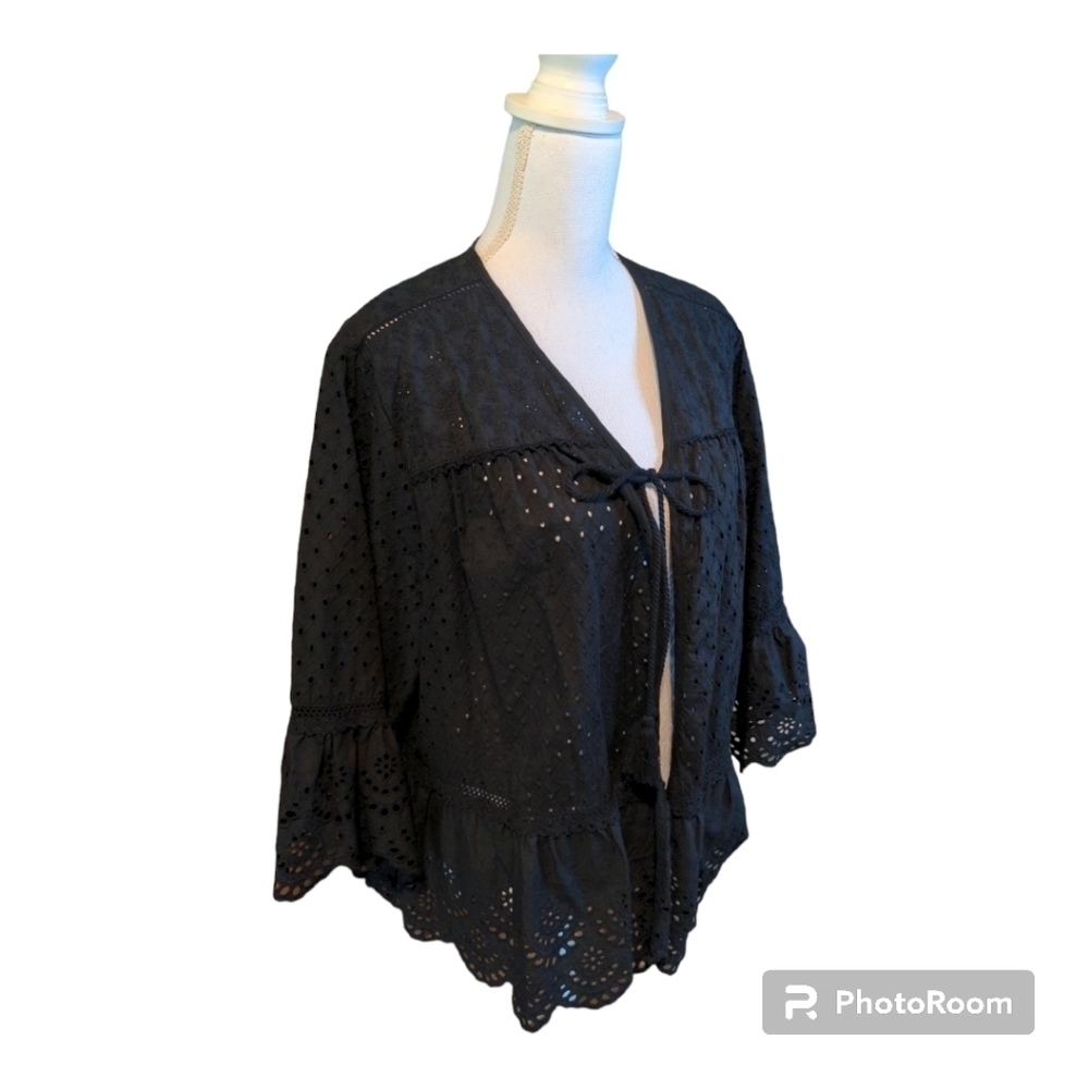 WESTPORT BLACK EYELET Feminine Lace Open Cardigan Sz 1X